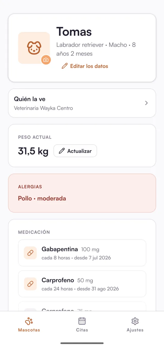 Alergias de la mascota en la app del tutor: pollo, moderada